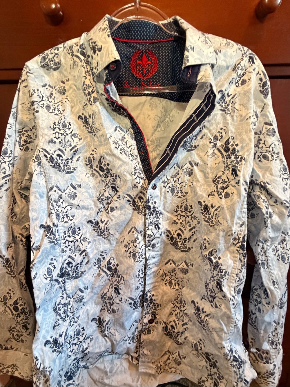Au Noir Men’s Paisley Floral Button Down Shirt White Blue Long Sleeve